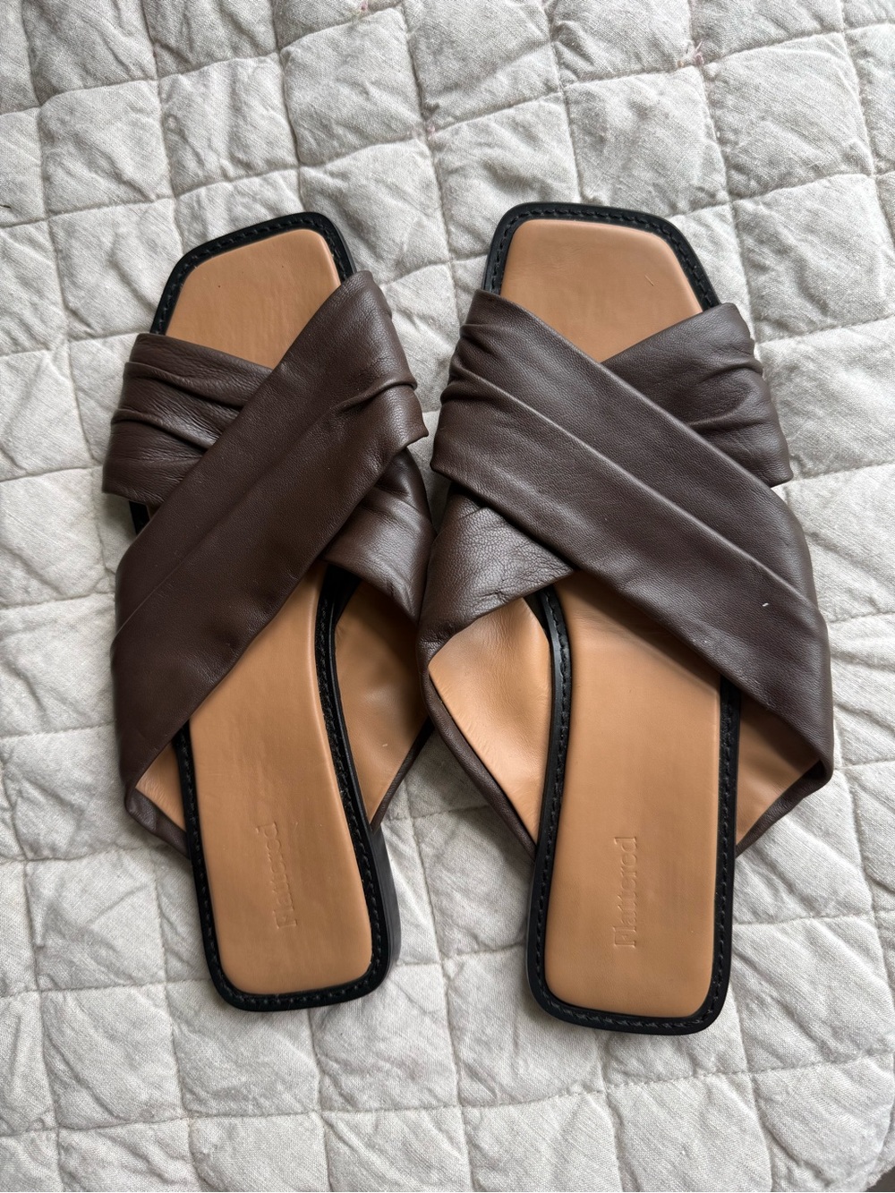 Flattered Women's Brown Leather Crossover Slide Sandals